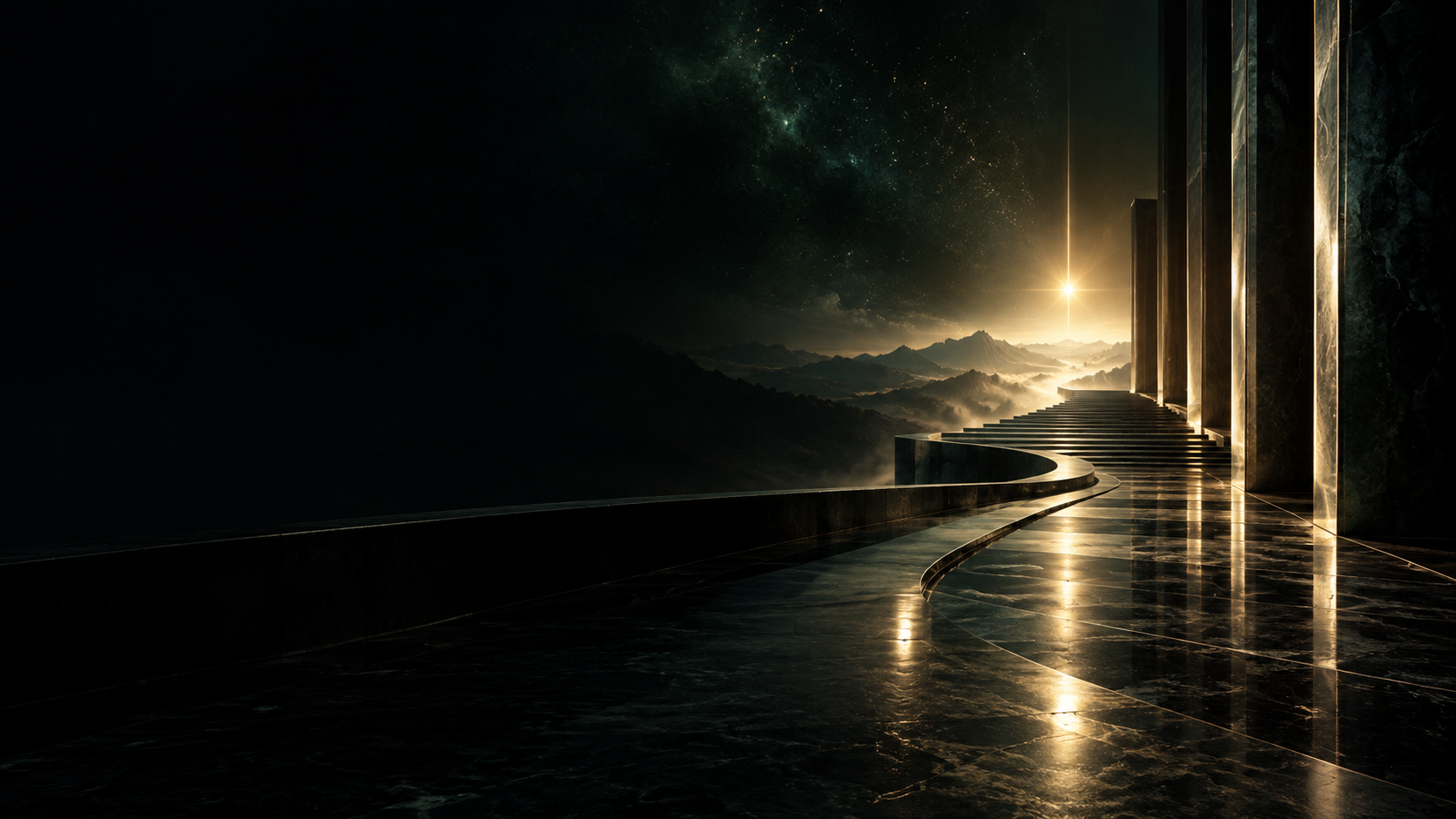 A cinematic golden path rising toward a brilliant horizon